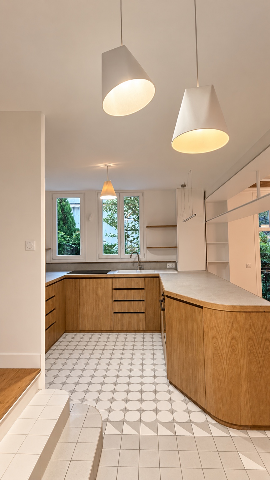 Cuisine lumineuse en bois avec suspensions blanches dans la maison à Paris 13e