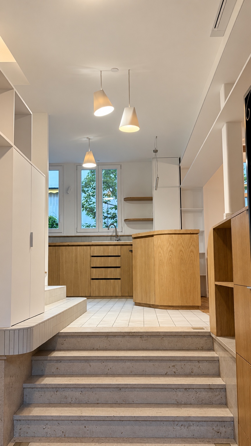 Passage et marches reliant les pièces de la maison rénovée à Paris 13e